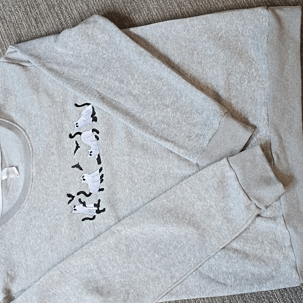 Gray Sweatshirt with Cat and Bat Design